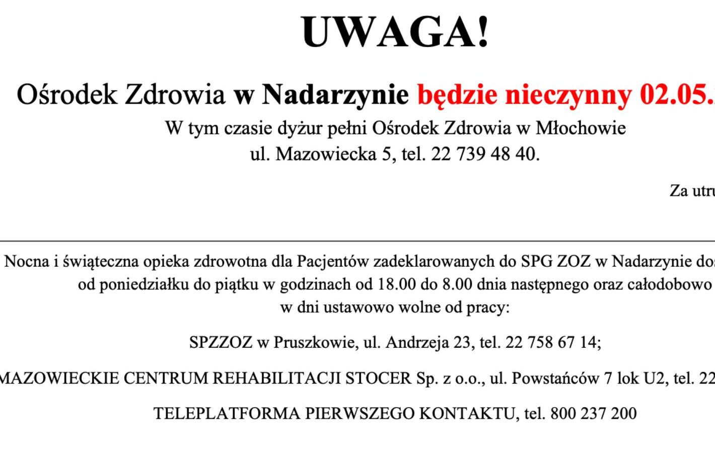 2.05.2023 pracuje przychodnia w Młochowie